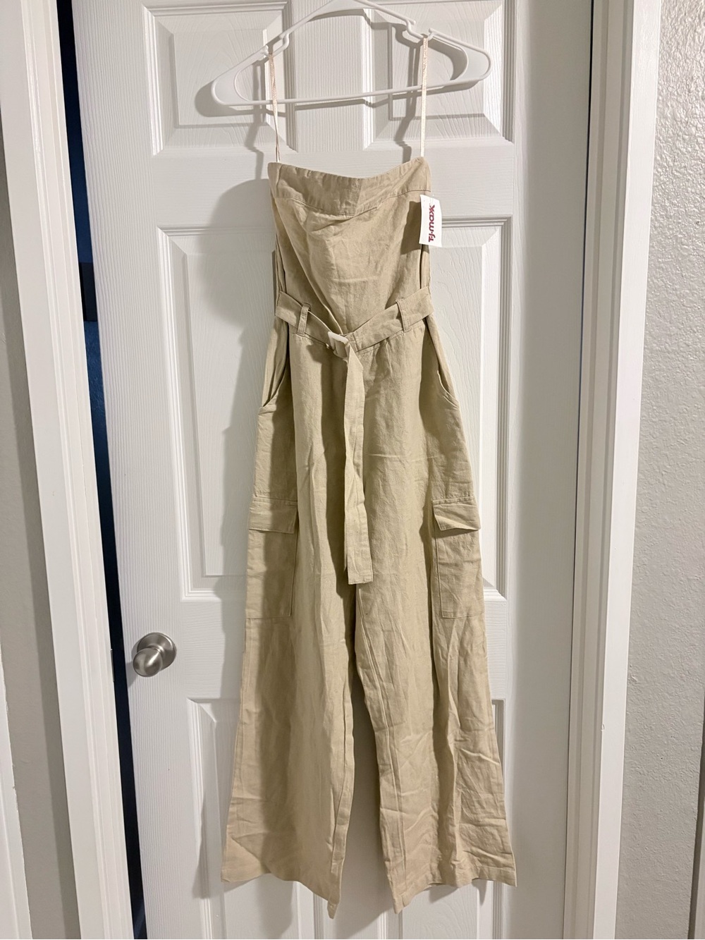 Beige Strapless Wide-Leg Jumpsuit with Belt